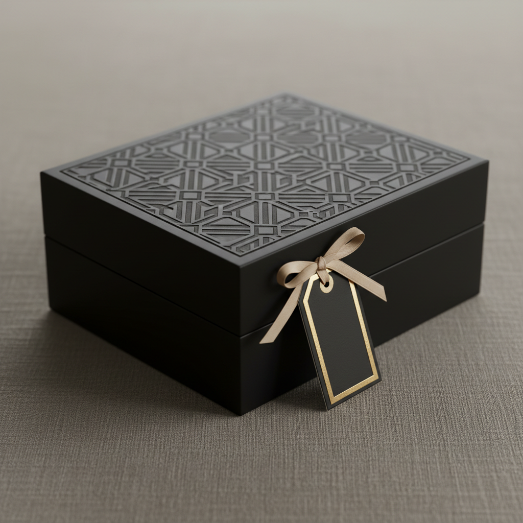 A close-up on a single matte black presentation box, laser-engraved with an intricate, bespoke geometric design, placed on a muted taupe linen cloth. An elegant gold-foiled gift tag is attached with a silk cord. Ambient lighting creates gentle, diffused shadows that softly contour the engraved patterns and highlight the silky ribbon. The mood is intimate and quietly luxuriant, suggesting careful handcrafting and attention to detail. The photograph is composed with the box offset in the frame (rule of thirds), emphasizing negative space and minimalist balance. The overall style is clean, photographic, with a shallow depth of field isolating the textures and exquisite details.