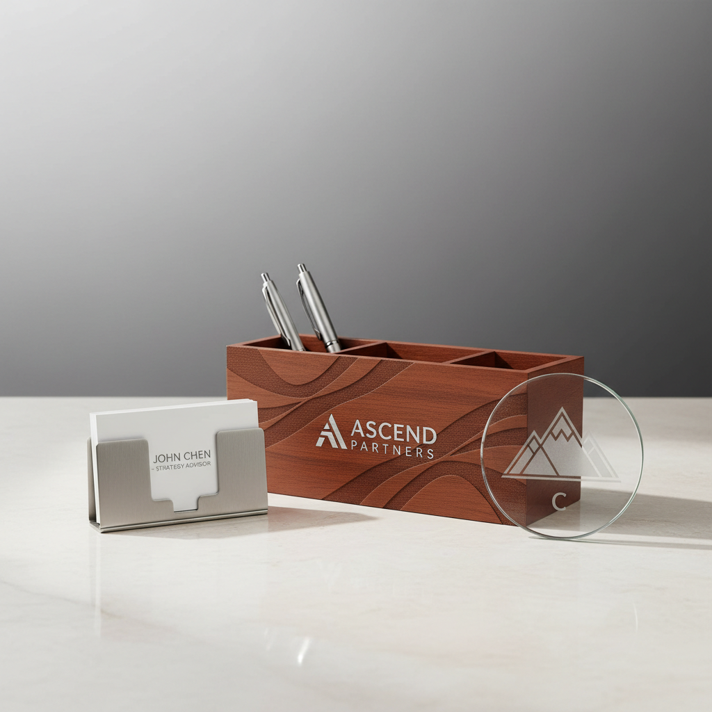 An array of individual premium engraved gifts—mahogany desk organizer, brushed steel business card holder, and custom glass coaster—artfully displayed on a pale stone desktop surface accented by a soft gray ombre background. Carefully controlled overhead lighting brings out the unique material finishes and casts subtle, crisp shadows. The arrangement is intuitive yet uncluttered, with each object partially overlapping for visual rhythm. The tone is refined, evoking meticulous curation and practicality. The shot is composed from a slightly above and front angle with sharp focus throughout, embodying an understated, minimalist, photographic realism ideal for showcasing high-end personalized corporate gifts.