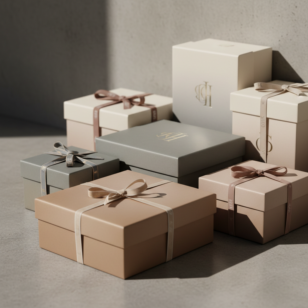 A collection of elegantly wrapped personalized gift boxes in gradient tones of taupe, smoke, and ivory, each with subtle ribbon detailing and understated foil-stamped monograms. Positioned in front of a smooth concrete backdrop, these boxes are artfully arranged to demonstrate variety and customization without excess. Directional natural light streams from the left, casting soft linear shadows, and illuminating the rich textures of paper and subtle metallic elements. The mood is refined and exclusive, lending a sense of quiet anticipation. Captured at eye-level with a shallow depth of field, the shot balances all elements in minimalist harmony, echoing the refined brand image.