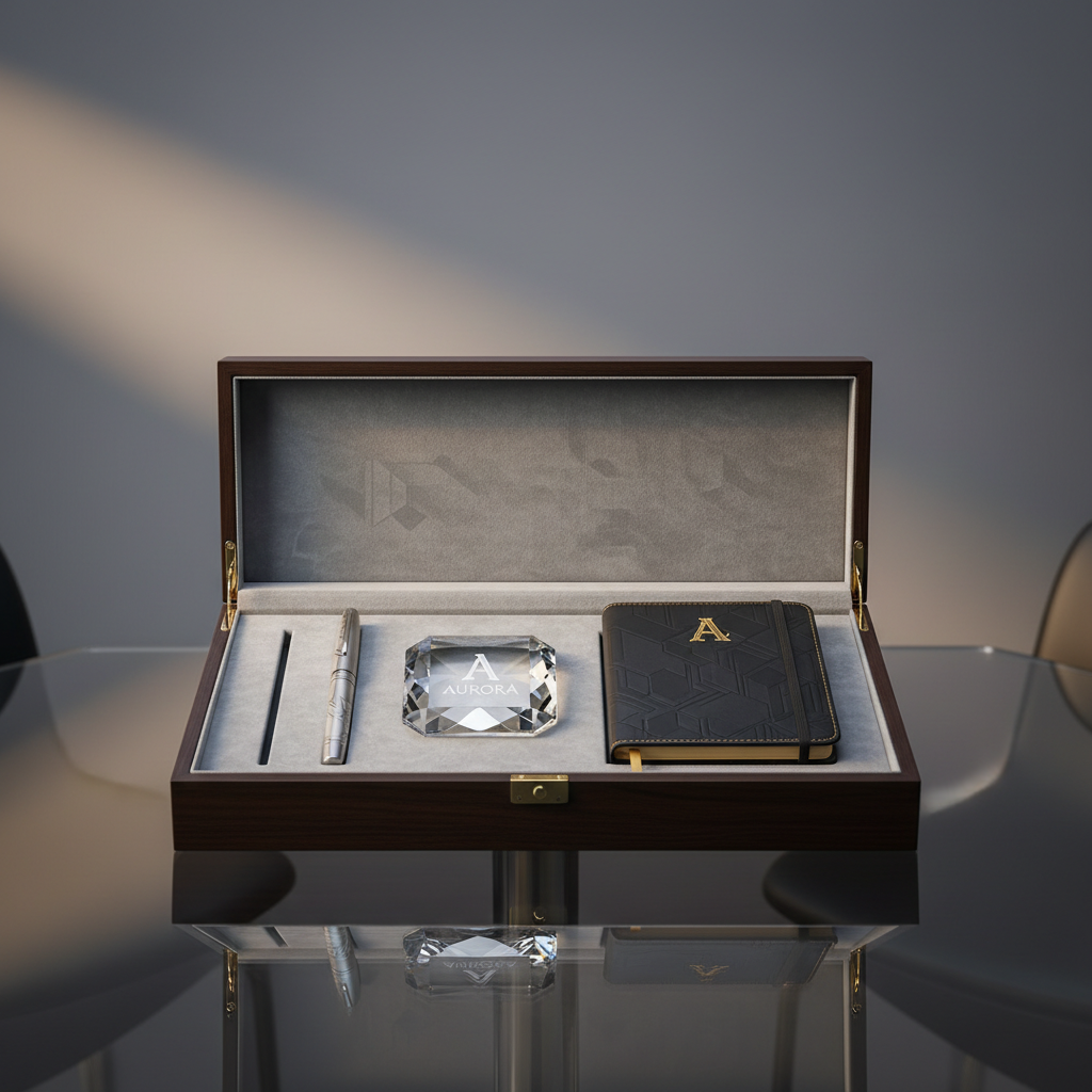 An open high-end gift box lined with plush, light-grey velvet, revealing custom laser-engraved accessories: a brushed metal pen, a polished crystal paperweight, and a matte black leather notebook featuring subtle gold accents. These items rest meticulously within precisely cut compartments. The box is placed on a minimalist glass conference table against a background of soft charcoal gradient wall, under soft studio lighting that creates gentle reflections and defines elegant textures. The image, taken from a slightly elevated angle with precise focus, exudes a quiet opulence and professionalism, suited for luxury corporate gifting. The composition is uncluttered, with refined modern styling that embodies a sophisticated, photographic aesthetic.